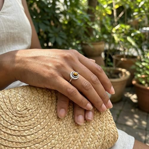 Sun and Moon Ring, Adjustable Natural Stone Rings for Women & Men, Boho Celestial Jewelry for Daily Wear - color: Tiger's Eye