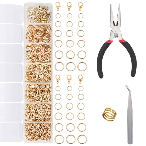 EuTengHao 1504Pcs Open Jump Ring and Lobster Clasps Kit Jewelry Making Repair Kit with Jewelry Pliers Tweezers (KC Gold) - color: KC Gold