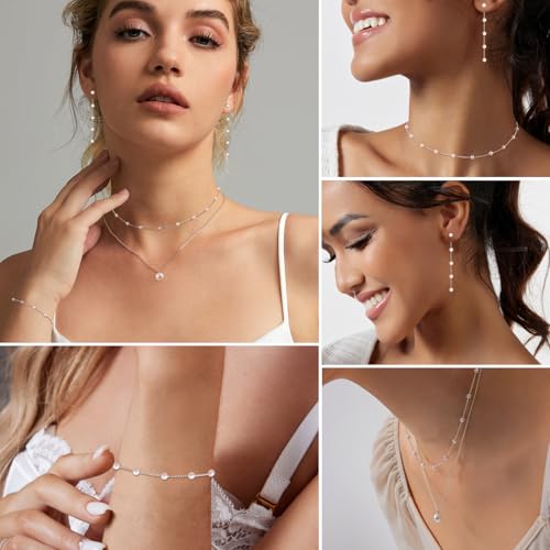 HERIER Gold Jewelry Set for Women - Dainty 14K Gold/Silver Plated Pearl Choker Necklace, Drop Earrings & Bracelets - Wedding Trendy Pearl Jewelry Gift - color: Pearl Jewelry Set-Silver