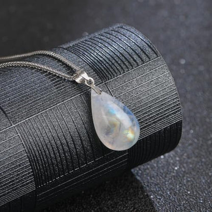 iSTONE 925 Sterling Silver Natural Crytral for Womens Pendant Necklace, Gemstone Birthstone with 17.8" Silver Chain Ladies - color: Moon Stone-teardrop