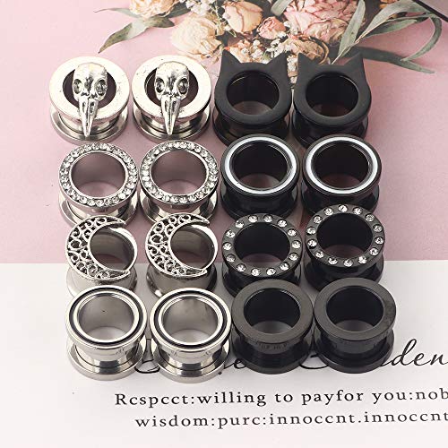 TIANCI FBYJS 8 Pairs Surigcal Stainless Steel Ear Gauges Black Plug Tunnels for Men Women Screw Hollow Earrings Gauges For Ear 00g 2g 0g -5/8'' inch Piercings Stretcher Set - style: 8mm=0g