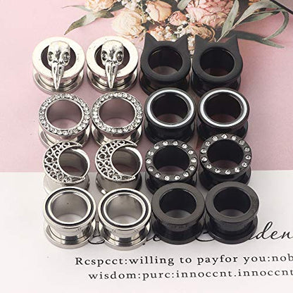TIANCI FBYJS 8 Pairs Surigcal Stainless Steel Ear Gauges Black Plug Tunnels for Men Women Screw Hollow Earrings Gauges For Ear 00g 2g 0g -5/8'' inch Piercings Stretcher Set - style: 14M=9/16''