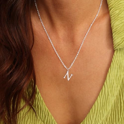 Initial Necklaces for Women - 14K Gold Silver Plated Letter Necklace Name Personalized Dainty Fashion Chain Non Tarnish Single Cute Pendant Necklace Charm Jewelry Gift for Women Her - color: Silver, style: N