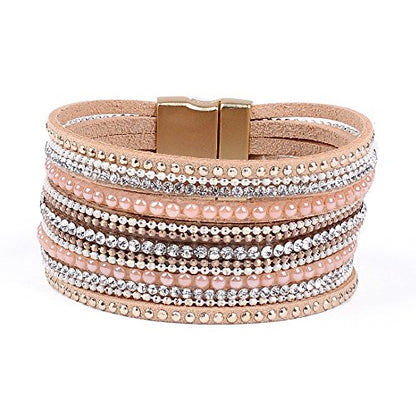 Artilady Leather Wrap Bracelet for Women, Pearl Beaded Bangle Stack Jewelry | Easy on-off, Elegant Handmade Multi-Layered, Daily Casual Date Beach Vacation, Gift for Ladies, Mother, Sister & Friend - style: Shining Pink