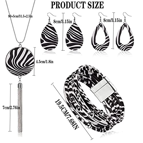 4 Pieces Faux Leather Earrings Necklace Bracelet Set 4 Pieces Christmas Plaid Stripe Jewelry Set Multi-Layer Leather Bracelet, Dangle Leather Earrings Necklace Glitter Jewelry Set for Women - color: black and white 2