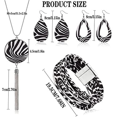 4 Pieces Faux Leather Earrings Necklace Bracelet Set 4 Pieces Christmas Plaid Stripe Jewelry Set Multi-Layer Leather Bracelet, Dangle Leather Earrings Necklace Glitter Jewelry Set for Women - color: black and white 2