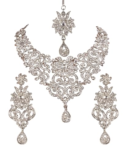 Touchstone Indian Jewelry Sets for Women Bollywood Wedding Bridal Necklace desi Earrings Formal Fancy Rhinestone India Designer Jewellery Punjabi Tikka Set in Antique Gold or Silver or White Tone - color: 1 White