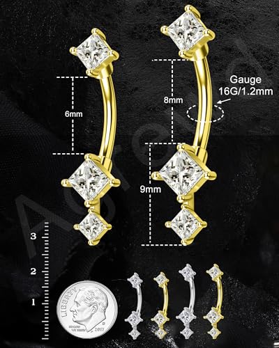 Minimalist Rook Earrings 8MM Silver Rook Piercing Jewelry Stainless Steel Clear CZ 16G Belly Button Ring Curved Barbell - color: Gold-8MM