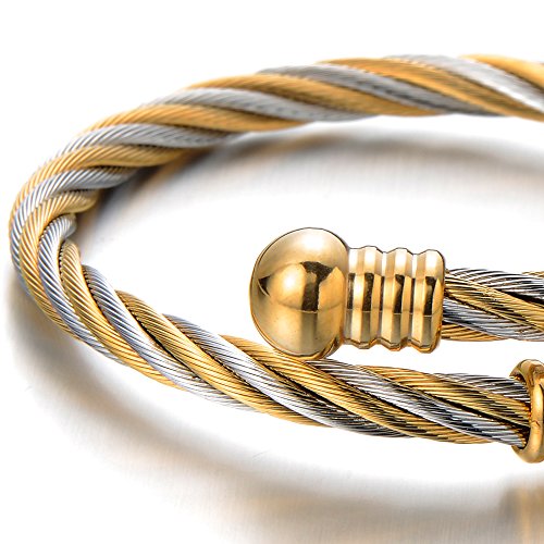 COOLSTEELANDBEYOND Elastic Adjustable Steel Twisted Cable Cuff Bangle Bracelet for Mens for Women - color: A-Metal Color: Silver & Gold-01