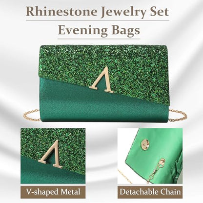 YYW 4 Pieces Women Evening Handbags Clutch Purse Bag with Rhinestone Crystal Jewelry Set for Wedding Party - color: green 1