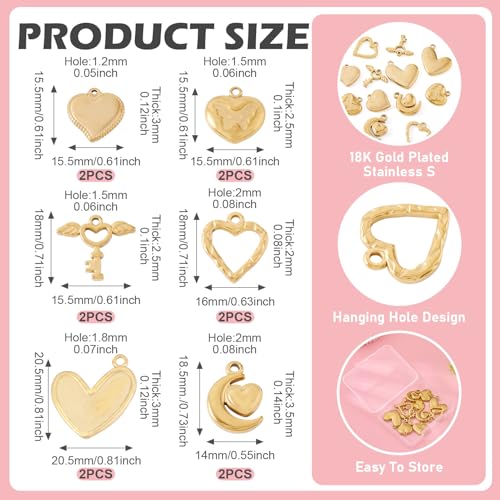 Cheriswelry 18K Gold Plated Heart Pendants Golden Heart Dangle Earring Charms Necklace Pendants Bracelet Keychain Charm Mini Hang Ornament for DIY Craft Jewelry Making - color: 18K Gold Plated D