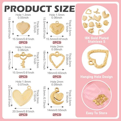 Cheriswelry 18K Gold Plated Heart Pendants Golden Heart Dangle Earring Charms Necklace Pendants Bracelet Keychain Charm Mini Hang Ornament for DIY Craft Jewelry Making - color: 18K Gold Plated D