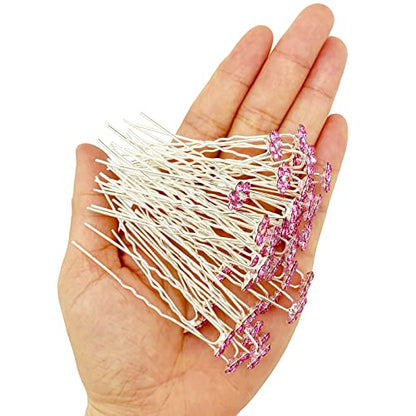 Rhinestone Flower Hair Pins, 40 Pcs U-Shaped Crystal Party Wedding Bridal Hair Accessories for Women Girls (Light Pink) - color: Light Pink