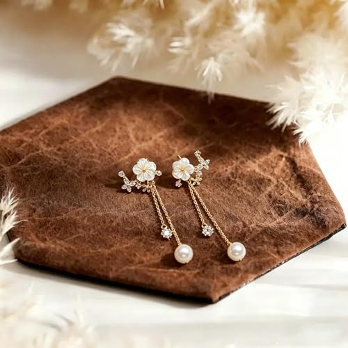Pearl Earrings for Women, 14k Gold Plated Trendy Diamond Pearl Drop Earrings Hypoallergenic Dainty Bridal Gifts Wedding jewelry for Women - color: Gold-Pearl Style F