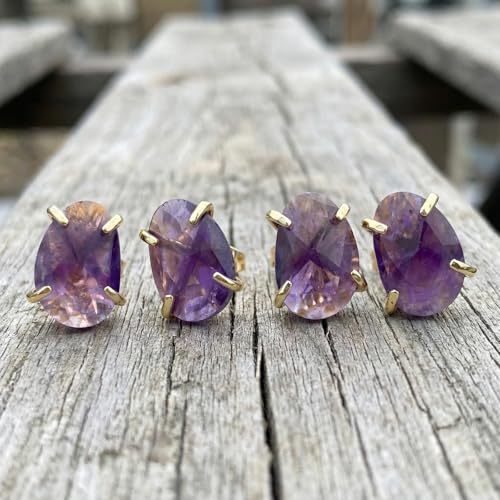Amethyst Earrings, Natural Gemstone Oval Faceted Purple Stud Earrings, Gold Plated Birthstone Crystal Earrings for Women