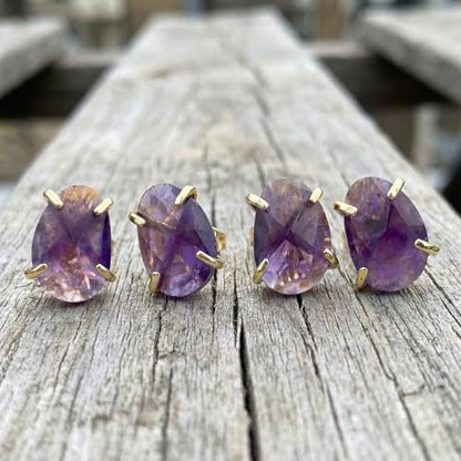 Amethyst Earrings, Natural Gemstone Oval Faceted Purple Stud Earrings, Gold Plated Birthstone Crystal Earrings for Women