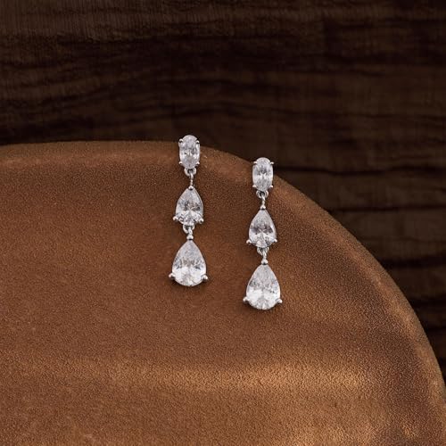 Dangle Drop Gold Earrings Women Prom with CZ Wedding Jewelry Gift | Dangling for Bridal, Sparkly Diamond , Gifts for Women, Dainty, Trendy, Butterfly Back - color: Silver-3CZ Drop