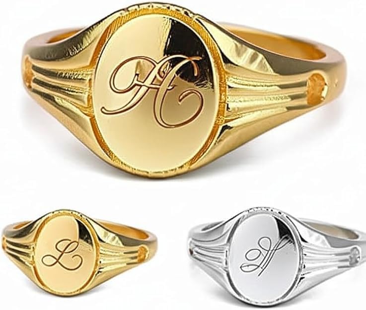 Personalized Oval Signet Ring, Custom Engraved Initials, Valentine's Gifts, Birthday Gift, Letter Engraved Signet Ring, 925 Sterling Silver - color: White Rhodium