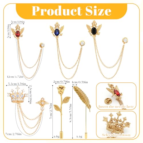 Yuanchu 6 PCS Brooch Pin, Crystal Crown Brooches Pins | Brooch Pin with Chain Tassel Rose Lapel Pins Suit Tuxedo Brooches for Men