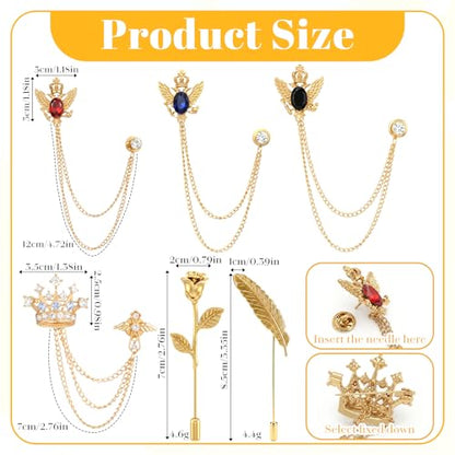 Yuanchu 6 PCS Brooch Pin, Crystal Crown Brooches Pins | Brooch Pin with Chain Tassel Rose Lapel Pins Suit Tuxedo Brooches for Men