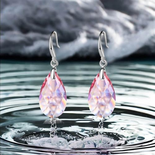 Austrian Crystal Teardrop Dangle Hook Earrings for Women 14K Gold Plated Hypoallergenic Jewelry - color: Pink