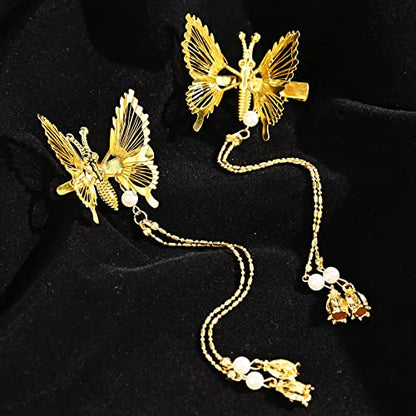 DEEKA Moving Tassel Butterfly Hair Clips 4 PCS 3D Metal Gold Moving Wings Butterfly Hairpins Bride Wedding Hair Accessories Barrette for Women and Girls -Gold - color: Gold with Tassel