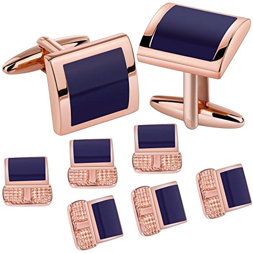 HAWSON Cufflinks and Studs for Men with Gift Box, Gold or Silver Tone Cuff Links, Mens Jewelry or Accessories for Wedding Business Anniversary Birthday - color: Rose Gold+Enamel Blue