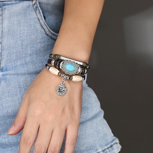 INENIMARTJ Western Turquoise Leather Wrap Bracelets for Men Women Boho Multilayer Turquoise Cuff Wrap Bracelet Western Bracelet Jewelry for Men and Woman - color: 20coffee