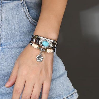 INENIMARTJ Western Turquoise Leather Wrap Bracelets for Men Women Boho Multilayer Turquoise Cuff Wrap Bracelet Western Bracelet Jewelry for Men and Woman - color: 20coffee
