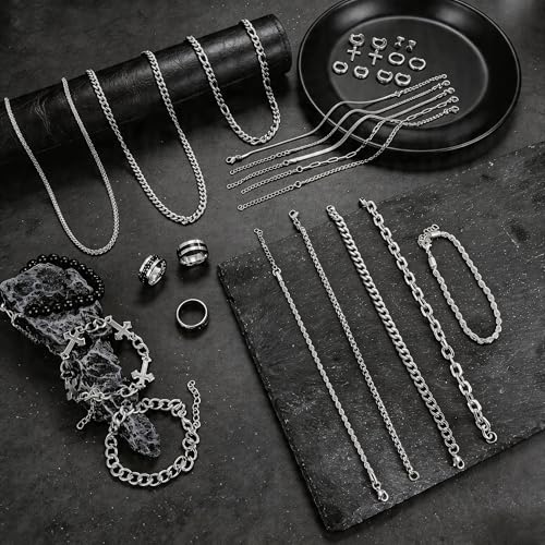 RIOSO Jewelry Set for Men Silver Stainless Steel Cuban Link Necklace Bracelet Rings Hoop Stud Earrings Mens Jewelry Set - size: 8