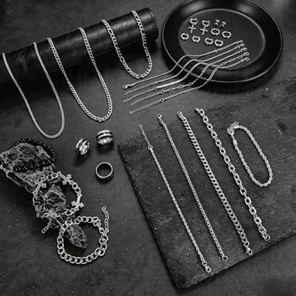 RIOSO Jewelry Set for Men Silver Stainless Steel Cuban Link Necklace Bracelet Rings Hoop Stud Earrings Mens Jewelry Set - size: 9
