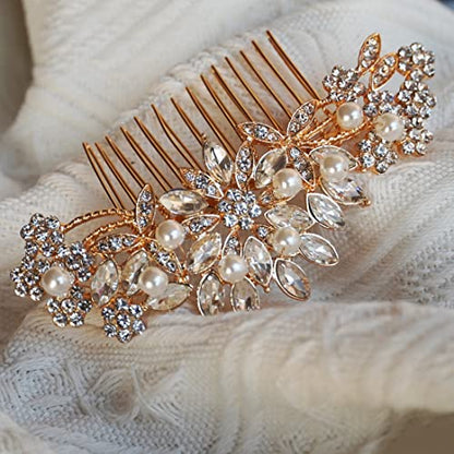 Hapibuy Crystal Wedding Hair Comb Bridal Hair Comb with Pearl Wedding Headpiece for party wear Golden Hair Accessory - color: Gold