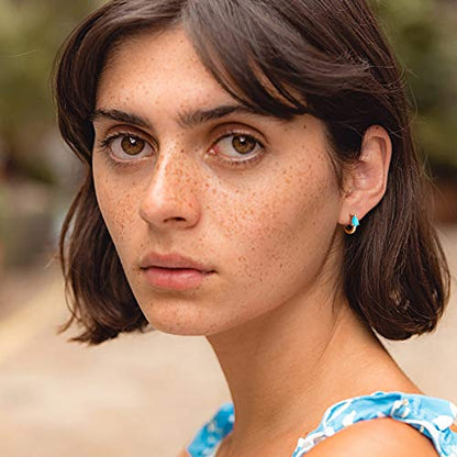 Dremmy Studios Dainty CZ Huggie Hoop Earrings 14K Gold Plated Chunky Simple Cute Thick Round Frill Bead Ball Starburst Cuff Earrings Cubic Zirconia Hoop Earrings Minimalist Personalized Gift for Her - color: A-CZ Turquoise