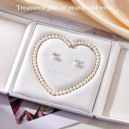 Freshwater Cultured Pearl Necklace Set Includes Cute Bow Pearl Earrings Jewelry for Women - size: 8 to 9mm