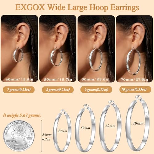 EXGOX 5mm Wide Gold Hoop Earrings for Women,Sterling Silver Hoop Earrings Large Silver Hoop Earrings Hypoallergenic Lightweight 14K Real Gold Plated Big Hoop Earrings for Women 30/40/50/60/70mm - color: Silver Color/70MM
