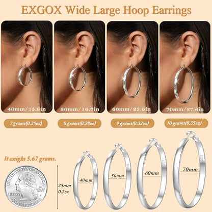 EXGOX 5mm Wide Gold Hoop Earrings for Women,Sterling Silver Hoop Earrings Large Silver Hoop Earrings Hypoallergenic Lightweight 14K Real Gold Plated Big Hoop Earrings for Women 30/40/50/60/70mm - color: Silver Color/70MM