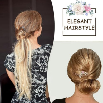2 Pack Flower Pattern U Shaped Hair Pins for Buns Creative 4 Prong Hair Updo Hair Sticks Metal Teeth Hair Fork Clips Attractive Hair Accessories (Multi-Color)