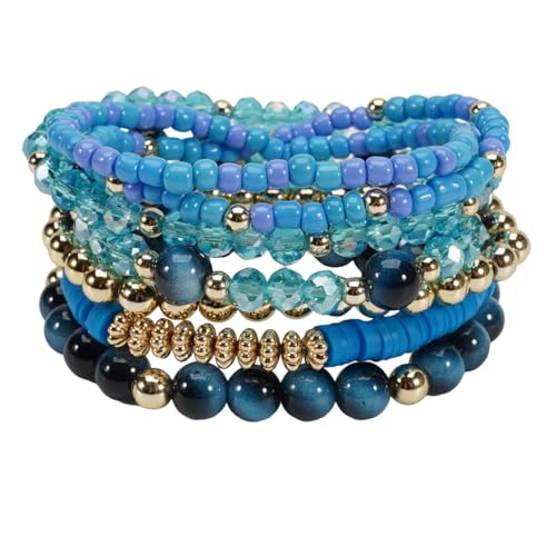 7Pcs Bohemia Multilayer Stackable Crystal Beaded Bracelet Set Multicolor Surfer Heishi Clay Gold Beaded Friendship Stretch Bracelets for Women Men Summer Beach Boho Vacation Jewelry Gifts - color: Blue