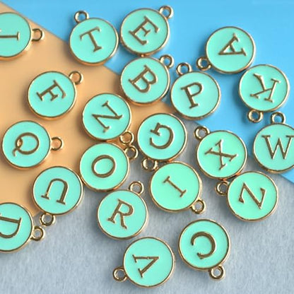 A-Z Letter Charms Round Enamel Alphabet Initial Pendant for Jewelry Making,Double-Side for Necklace Bracelet Earring DIY Craft - color: 1 set(26pcs)-Light Green