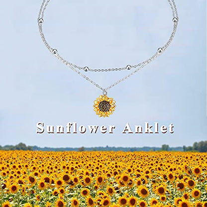 POPLYKE 925 Sterling Silver Double Layered Chain Evil Eye Daisy Sunflower Butterfly Anklets for Women Holiday Beach Crystal Ankle Bracelet Dainty Evil Eye Jewelry - style: Sunflower Anklet