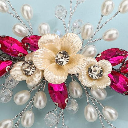 Xerling Rose Red Rhinestones Crystal Flower Hair Barrettes Clip Boho Bridal Pearl Hair Jewelry Accessories for Women Wedding Floral Headpieces (Rose Red) - color: Rose Red
