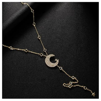 Simple Rhinestone Moon Star Back Chain Body Jewelry for Women Sexy Backless Crystal Necklace Bridal Wedding Backdrop Dress Accessories Jewelry - color: Gold
