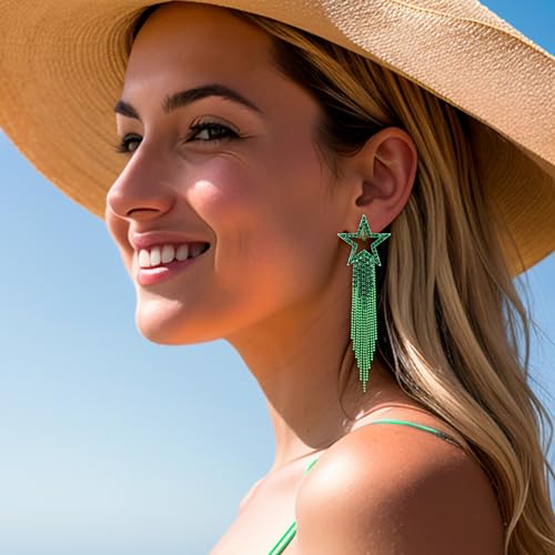 EVER FAITH Crystal Long Waterfall Star Tassel Clip-on Earrings for Women | Rhinestone Beaded Fringe Chandelier Dangle Statement Earring, Wedding Party Jewelry - color: Green Green-Tone