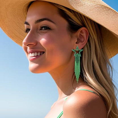 EVER FAITH Crystal Long Waterfall Star Tassel Clip-on Earrings for Women | Rhinestone Beaded Fringe Chandelier Dangle Statement Earring, Wedding Party Jewelry - color: Green Green-Tone