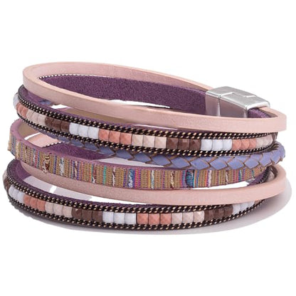 Boho Layered Leather Wrap Bracelets Chunky Western Country Hippie Jewelry | Stackable Bohemian Cowgirl Magnetic Clasp Cuff Bangle Set Fashion Stack Statement Festival Trendy Jewelry Gifts for Women - color: Pink