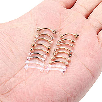 9 Pairs 16G Stainless Steel 3mm Clear CZ Glitter Ball Curved Barbell Eyebrow Tragus Lip Belly Ring Piercing Jewelry 3/8"(10MM) Rose Gold - color: 18PCS - Rose Gold