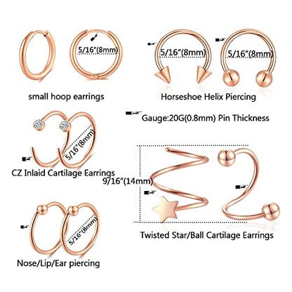 38Pcs Stainless Steel Earrings Set for Women Men 14K Gold Plated Small Flat Back Stud Earrings Hoop Earrings Women Men Hypoallergenic Cubic Zirconia Earrings Cartilage Earrings Rook Daith Tragues Lobe Conch Septum Piercing Jewelry - color: D:Rose Gold