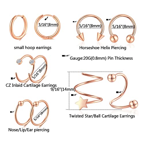 38Pcs Stainless Steel Earrings Set for Women Men 14K Gold Plated Small Flat Back Stud Earrings Hoop Earrings Women Men Hypoallergenic Cubic Zirconia Earrings Cartilage Earrings Rook Daith Tragues Lobe Conch Septum Piercing Jewelry - color: D:Rose Gold