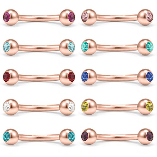 Ruifan 10PCS Mix Color Double Jeweled Diamond Curved Barbell Eyebrow Tragus Lip Ring 16g 8mm - color: Rose Gold