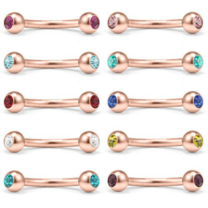 Ruifan 10PCS Mix Color Double Jeweled Diamond Curved Barbell Eyebrow Tragus Lip Ring 16g 8mm - color: Rose Gold